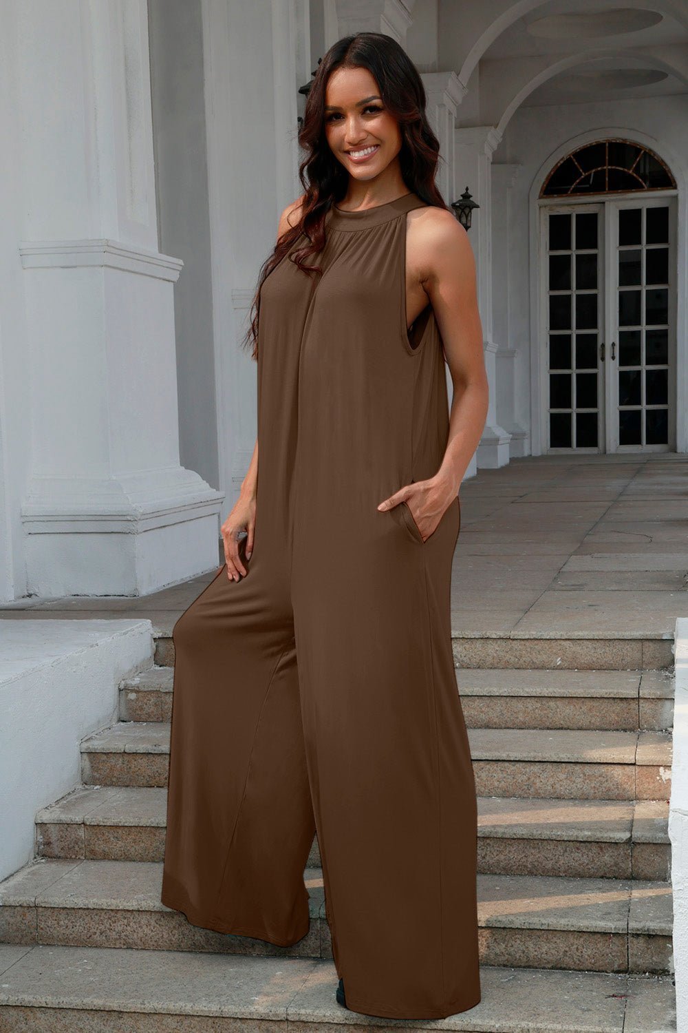 Double Take Full Size Tie Back Cutout Sleeveless Jumpsuit | Sugarz Chique Boutique