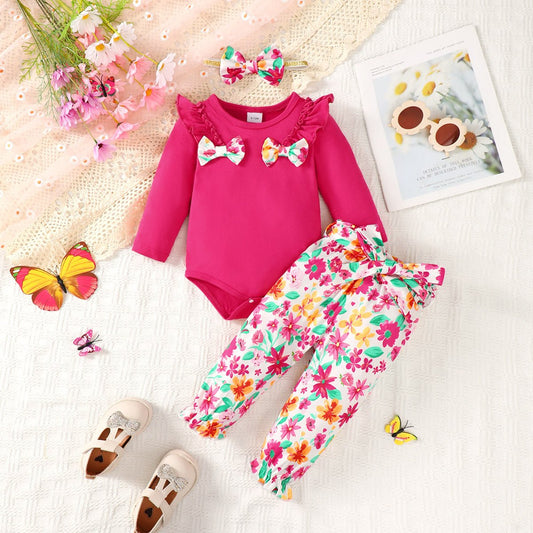 Bow Ruffled Round Neck Bodysuit and Printed Pants Set | Sugarz Chique Boutique