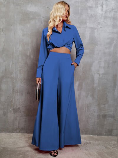 Collared Neck Long Sleeve Top and Wide Leg Pants Set | Sugarz Chique Boutique