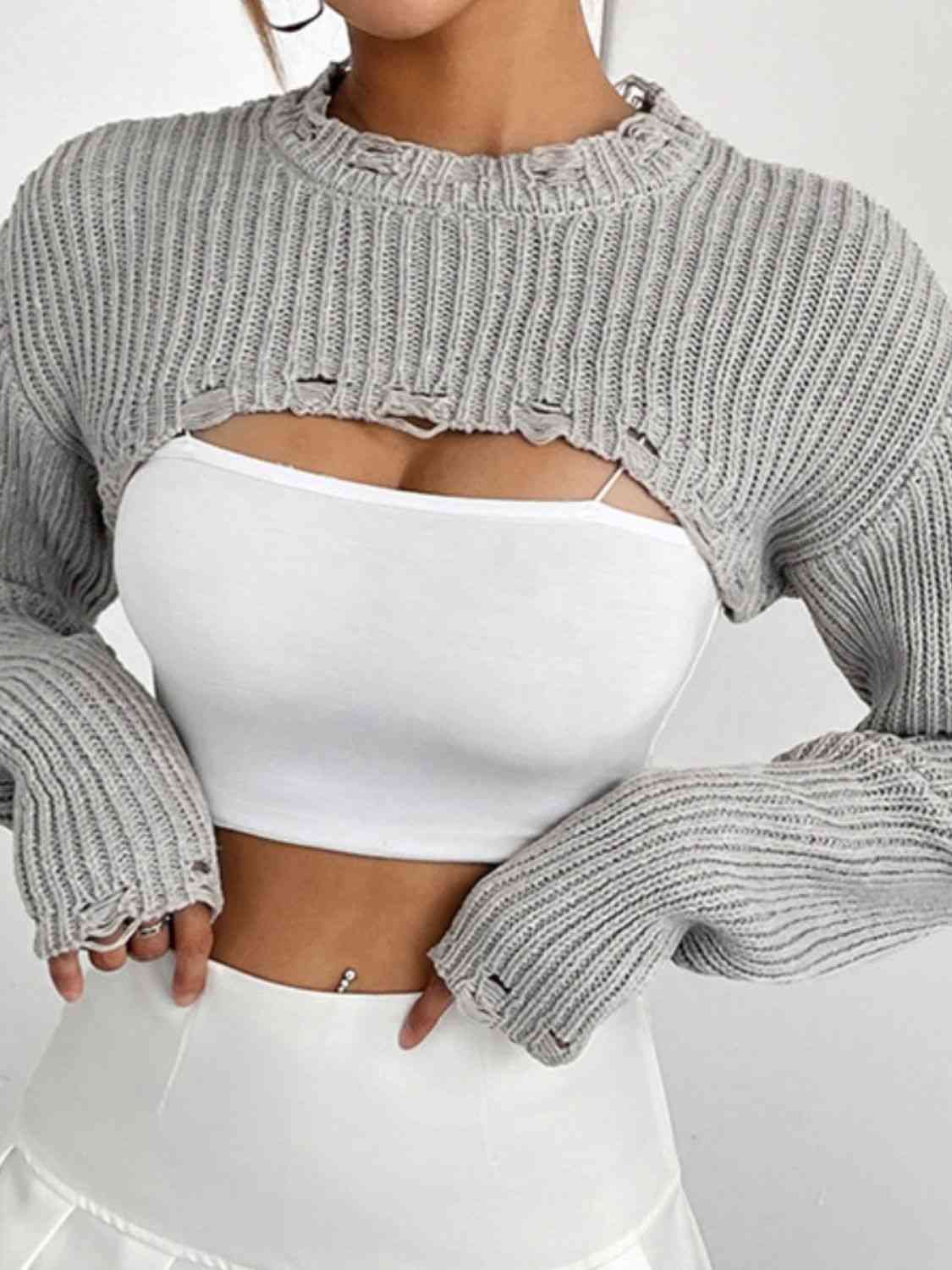 Distressed Long Sleeve Cropped Sweater | Sugarz Chique Boutique