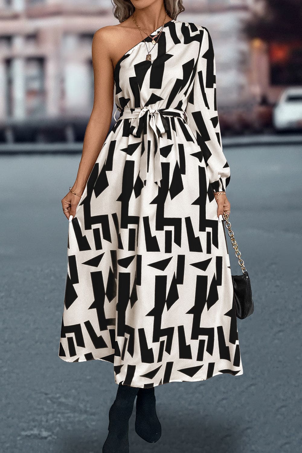Printed One-Shoulder Tie Waist Dress | Sugarz Chique Boutique