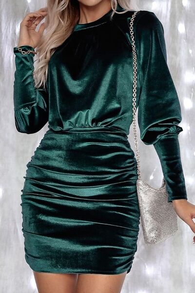 Ruched Round Neck Lantern Sleeve Mini Dress | Sugarz Chique Boutique