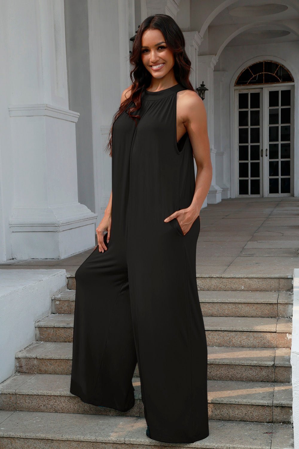 Double Take Full Size Tie Back Cutout Sleeveless Jumpsuit | Sugarz Chique Boutique