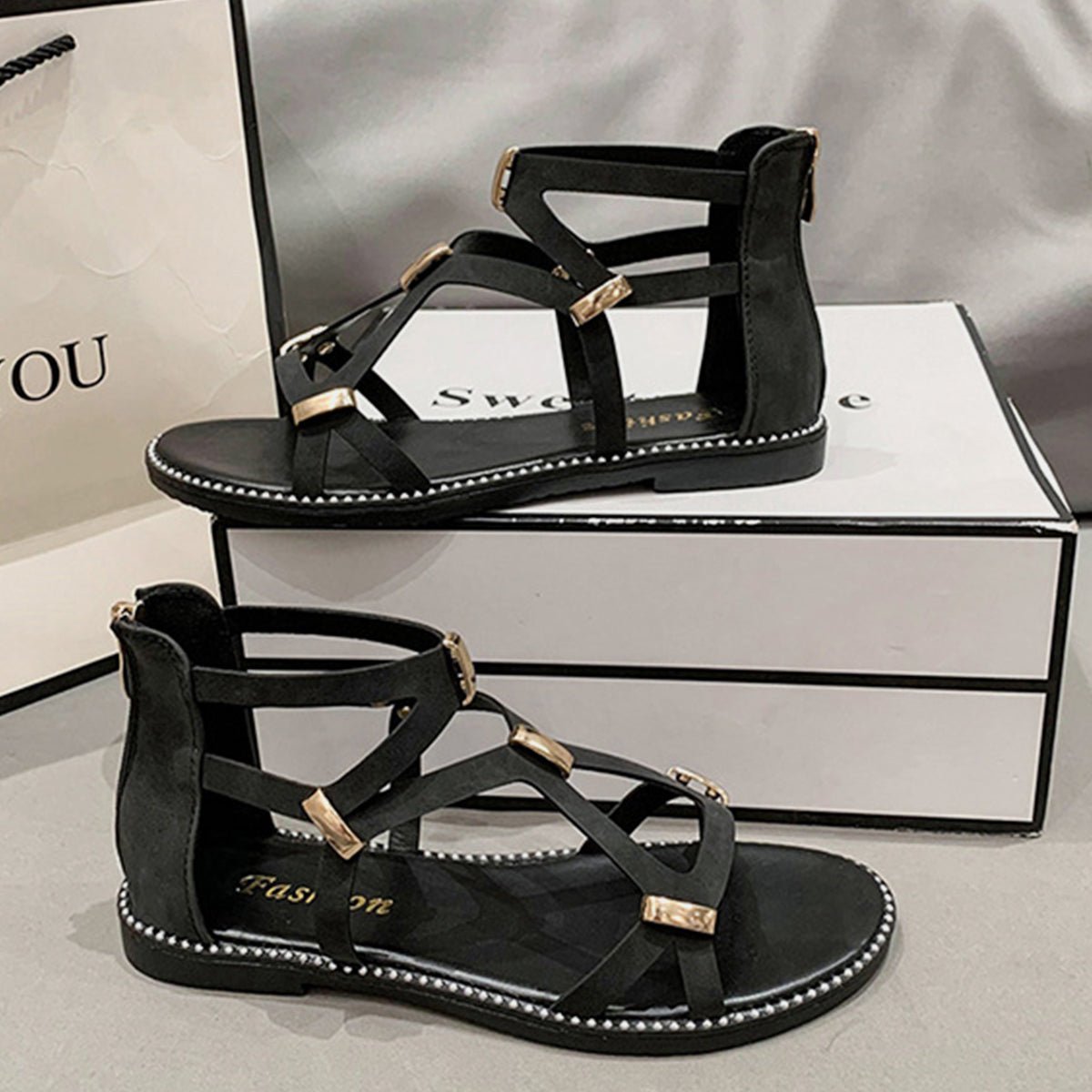 Open Toe Back Zipper Flat Sandals | Sugarz Chique Boutique