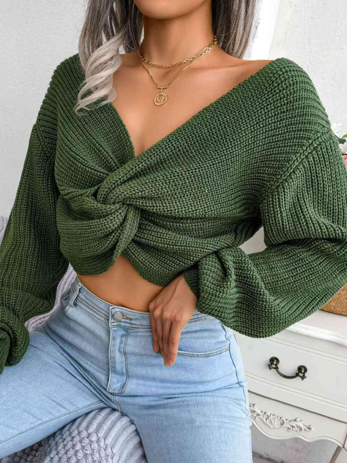 Twisted Front Long Sleeve Cropped Sweater | Sugarz Chique Boutique