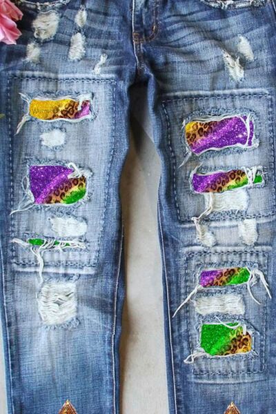 Mardi Gras Sequin Distressed Straight Jeans | Sugarz Chique Boutique