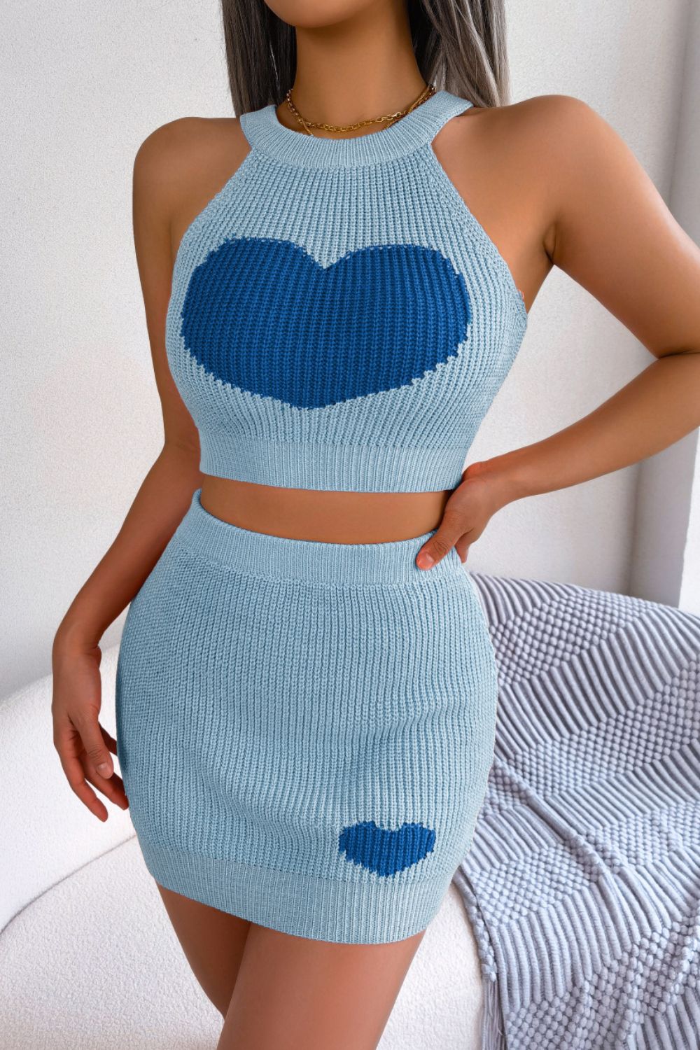 Heart Contrast Ribbed Sleeveless Knit Top and Skirt Set | Sugarz Chique Boutique