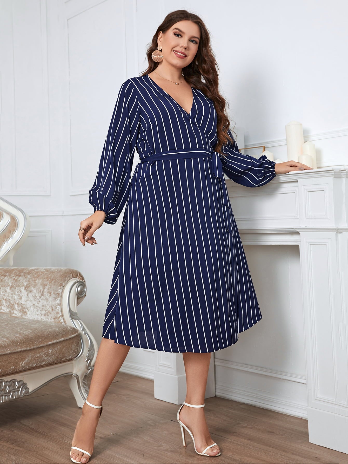 Melo Apparel Plus Size Striped Surplice Neck Long Sleeve Dress | Sugarz Chique Boutique