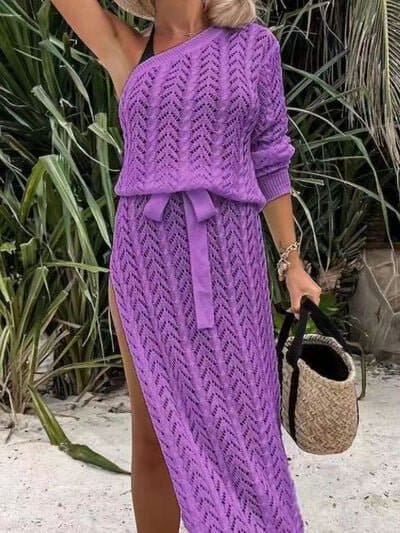 Slit Openwork Single Shoulder Knit Dress | Sugarz Chique Boutique