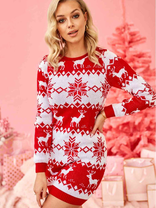 Reindeer & Snowflake Round Neck Sweater Dress | Sugarz Chique Boutique
