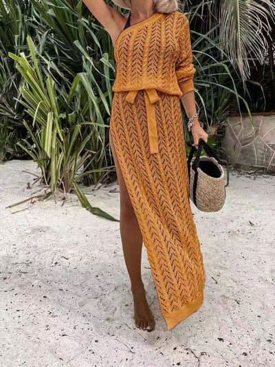 Slit Openwork Single Shoulder Knit Dress | Sugarz Chique Boutique