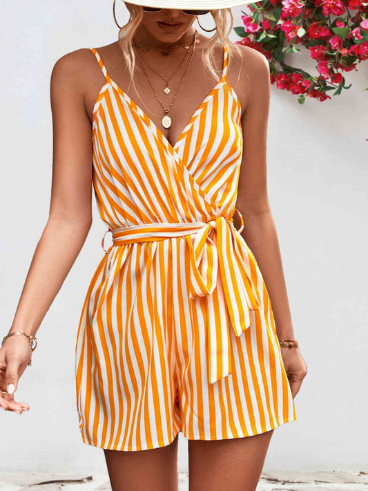 Striped Tie Waist Spaghetti Strap Romper | Sugarz Chique Boutique