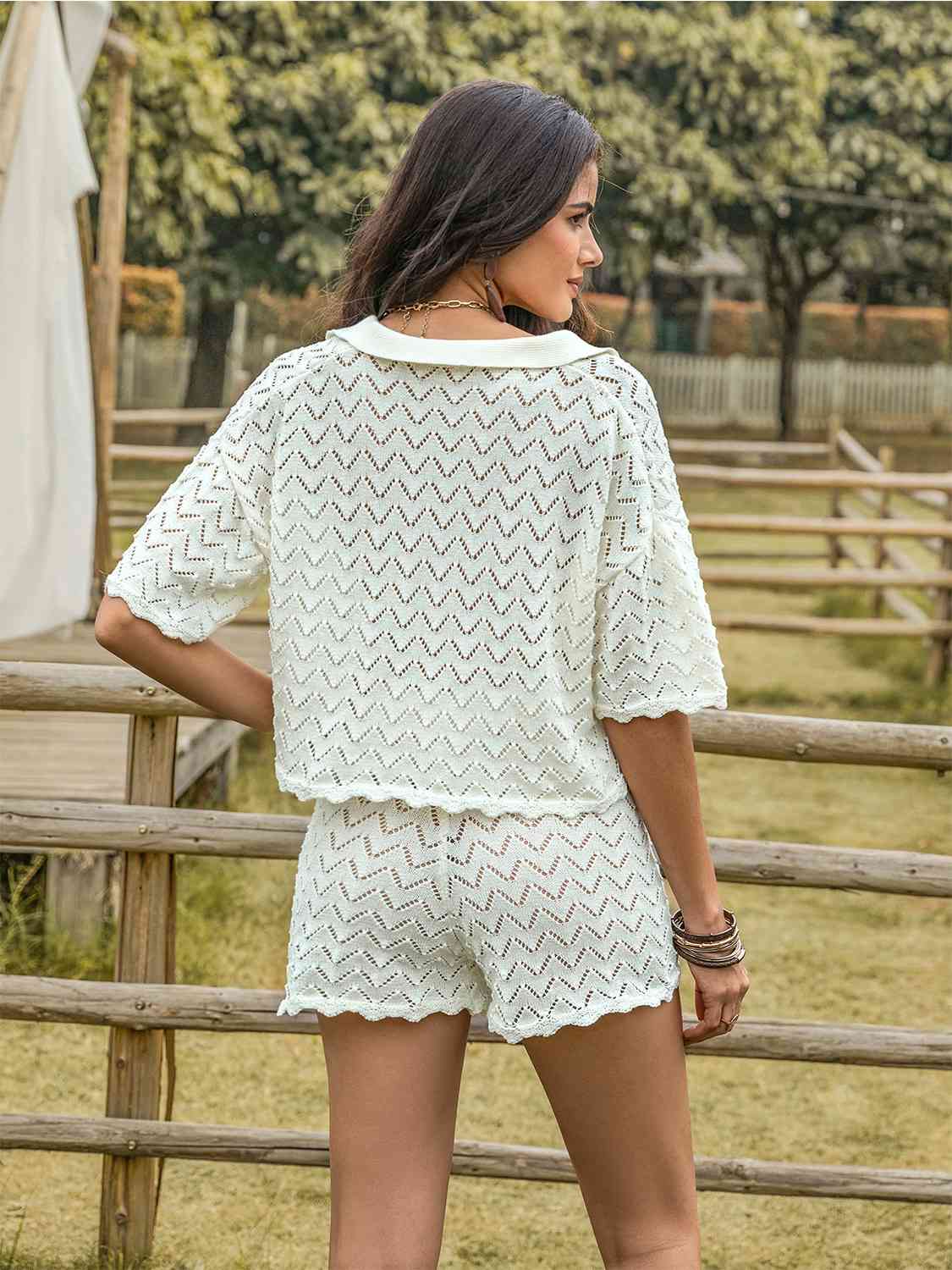 Eyelet Collared Neck Short Sleeve Top and Shorts Set | Sugarz Chique Boutique