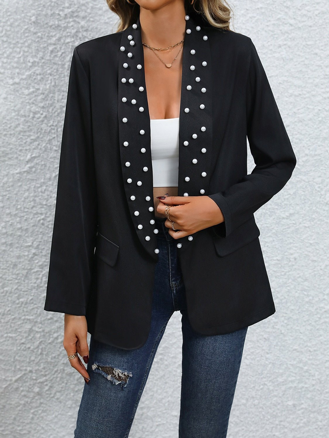 Pearl Detail Open Front Blazer | Sugarz Chique Boutique