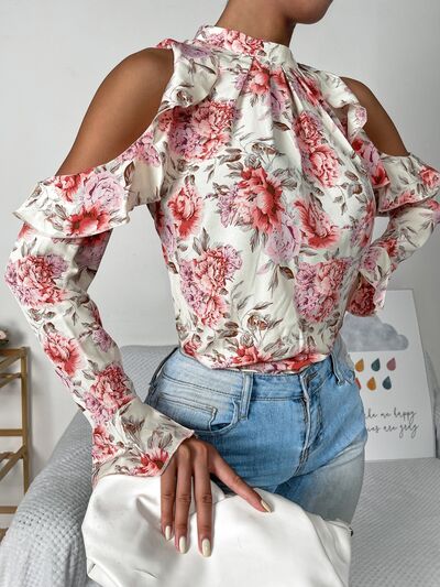 Floral Cold Shoulder Ruffle Trim Blouse | Sugarz Chique Boutique