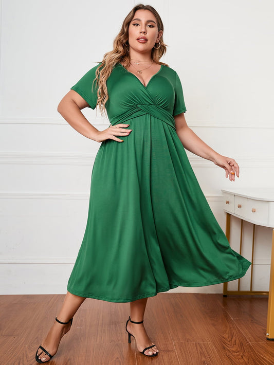 Plus Size Short Sleeve Surplice Neck Midi Dress | Sugarz Chique Boutique