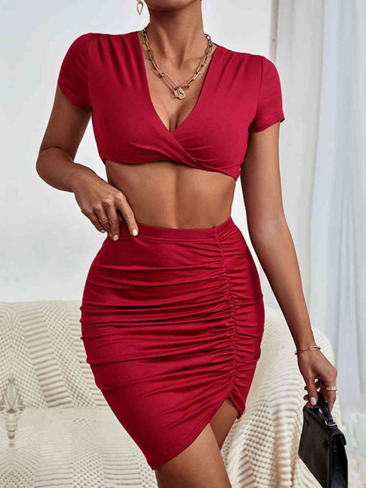 Twisted Deep V Cropped Top and Ruched Skirt Set | Sugarz Chique Boutique
