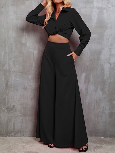 Collared Neck Long Sleeve Top and Wide Leg Pants Set | Sugarz Chique Boutique