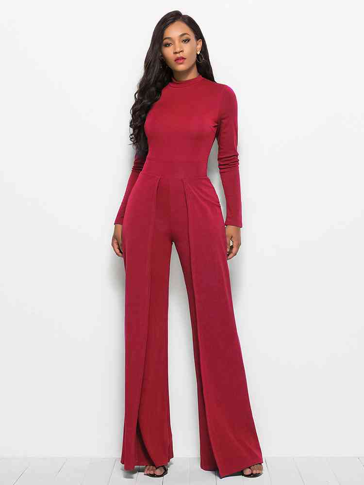 Long Sleeve Mock Neck Wide Leg Jumpsuit | Sugarz Chique Boutique