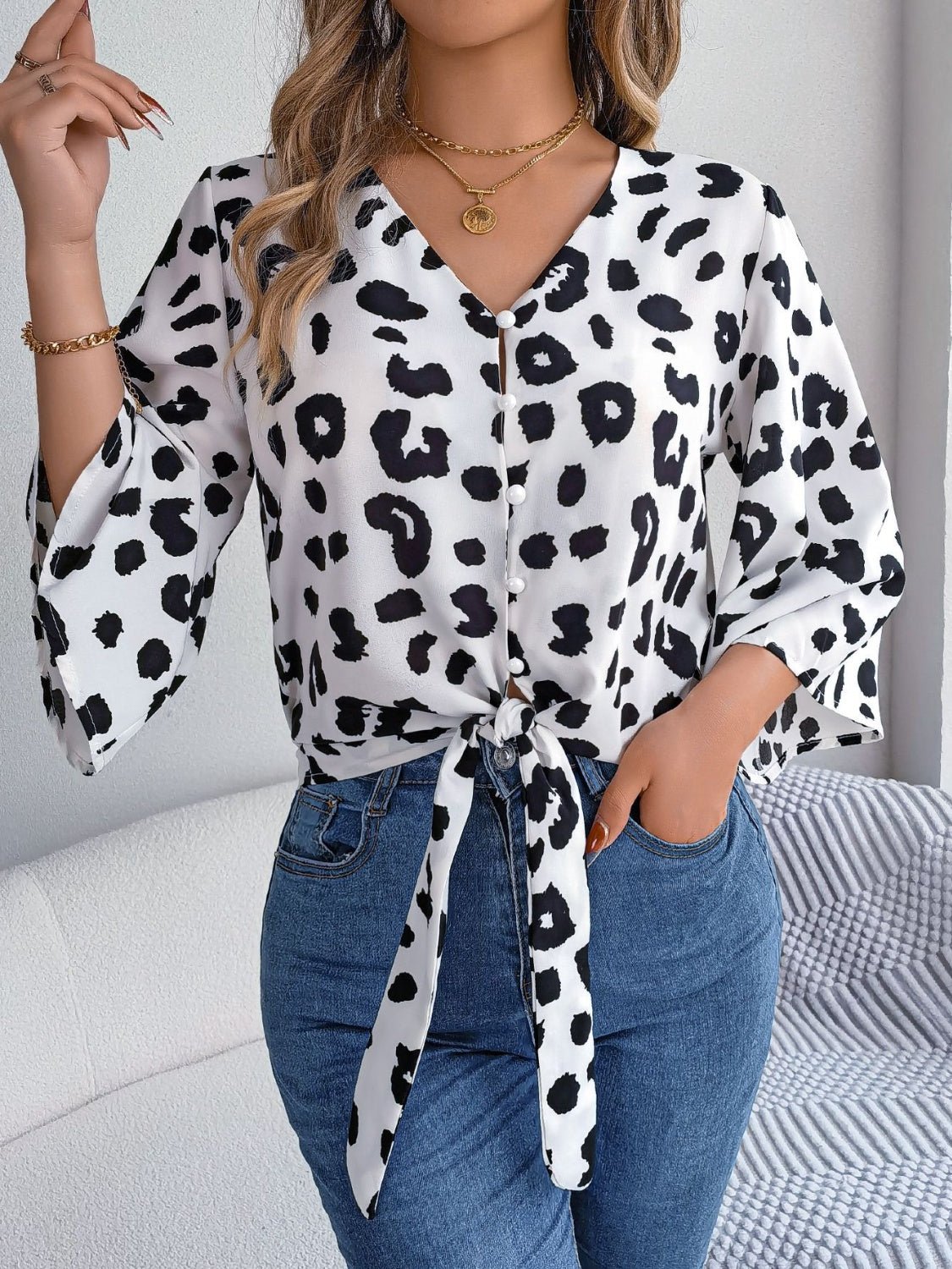 Tied Button Up Leopard V-Neck Blouse | Sugarz Chique Boutique