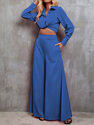 Collared Neck Long Sleeve Top and Wide Leg Pants Set | Sugarz Chique Boutique