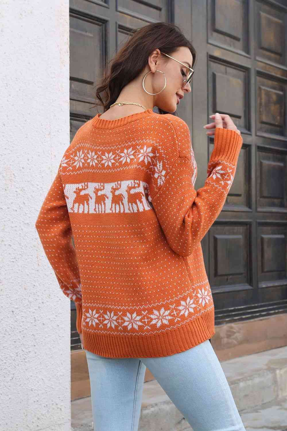 Reindeer & Snowflake Pattern Dropped Shoulder Pullover Sweater | Sugarz Chique Boutique