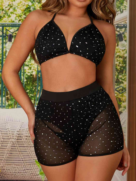 Rhinestone Halter Neck Bralette and Shorts Set | Sugarz Chique Boutique