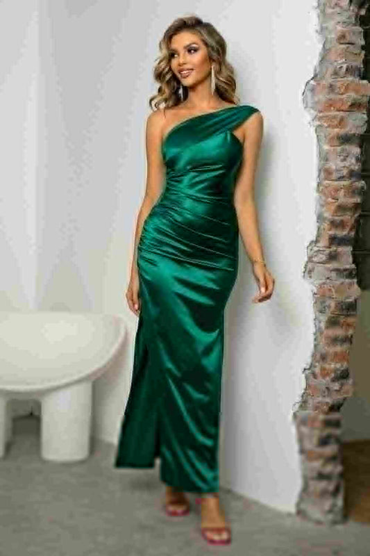 One-Shoulder Ruched Slit Maxi Dress | Sugarz Chique Boutique