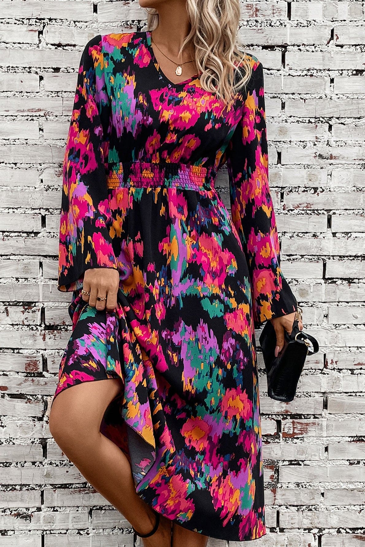 Printed Smocked Waist Midi Dress | Sugarz Chique Boutique