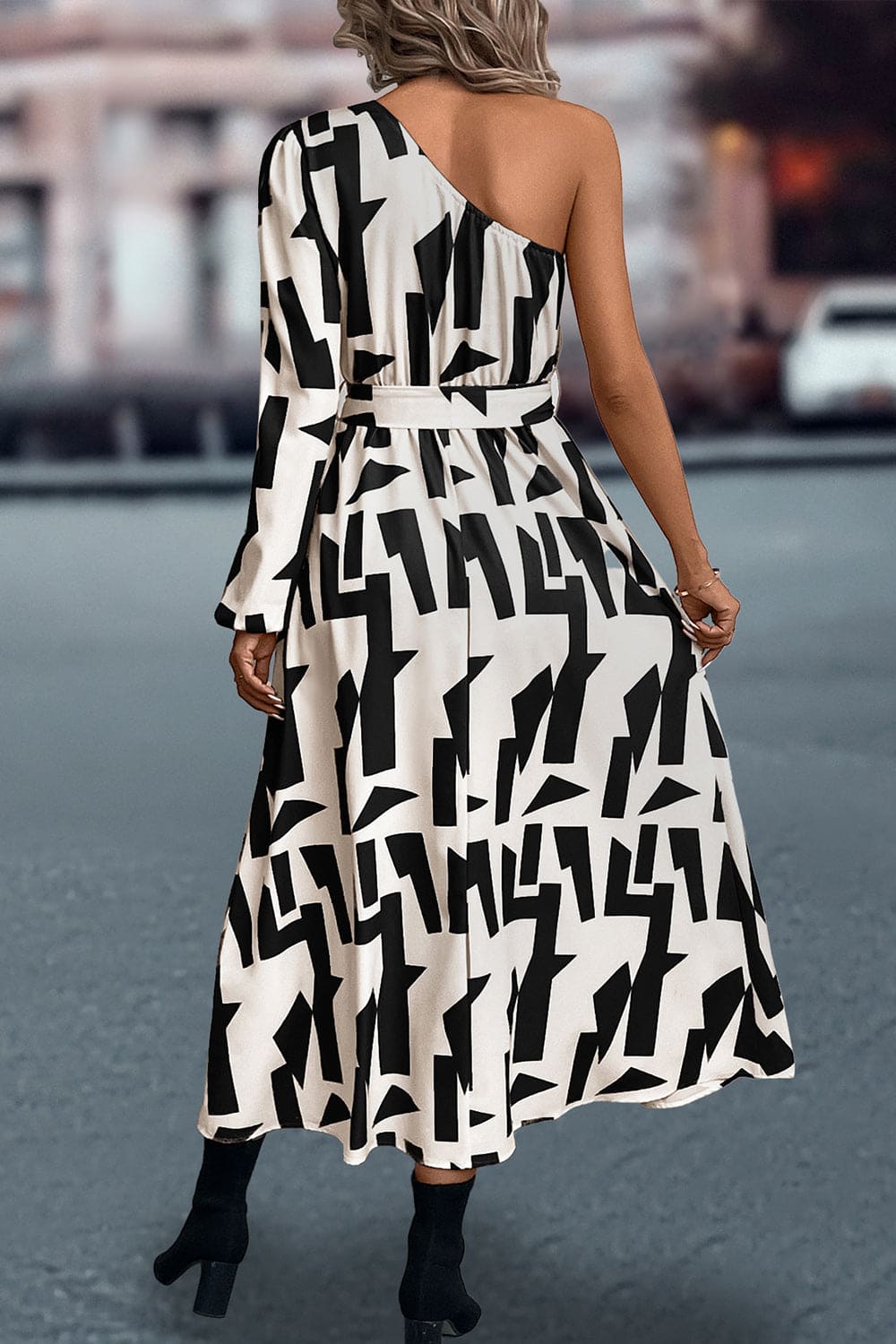 Printed One-Shoulder Tie Waist Dress | Sugarz Chique Boutique