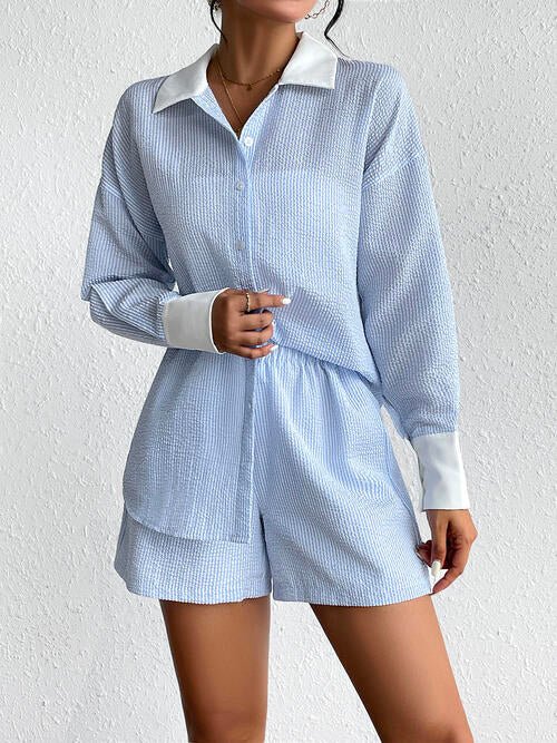 Texture Button Up Shirt and Shorts Set | Sugarz Chique Boutique
