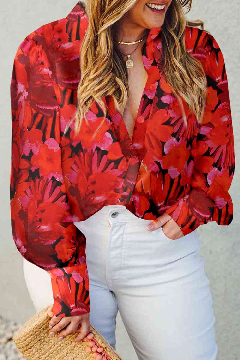 Plus Size Printed Collared Neck Long Sleeve Shirt | Sugarz Chique Boutique