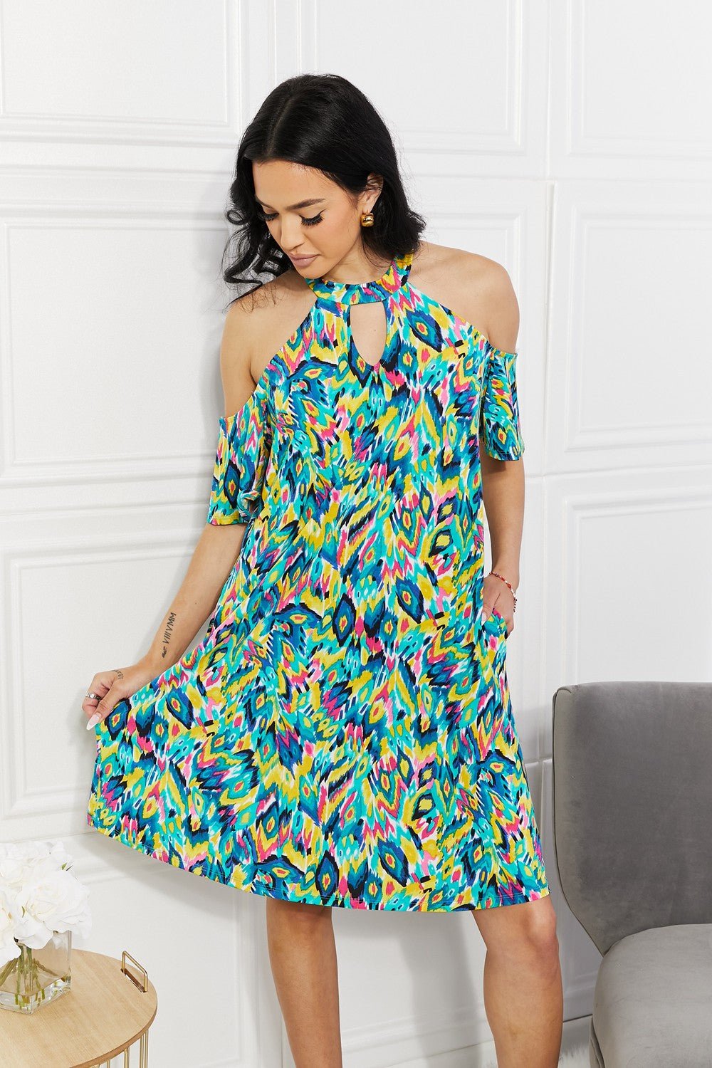 Sew In Love Full Size Perfect Paradise Printed Cold-Shoulder Dress | Sugarz Chique Boutique