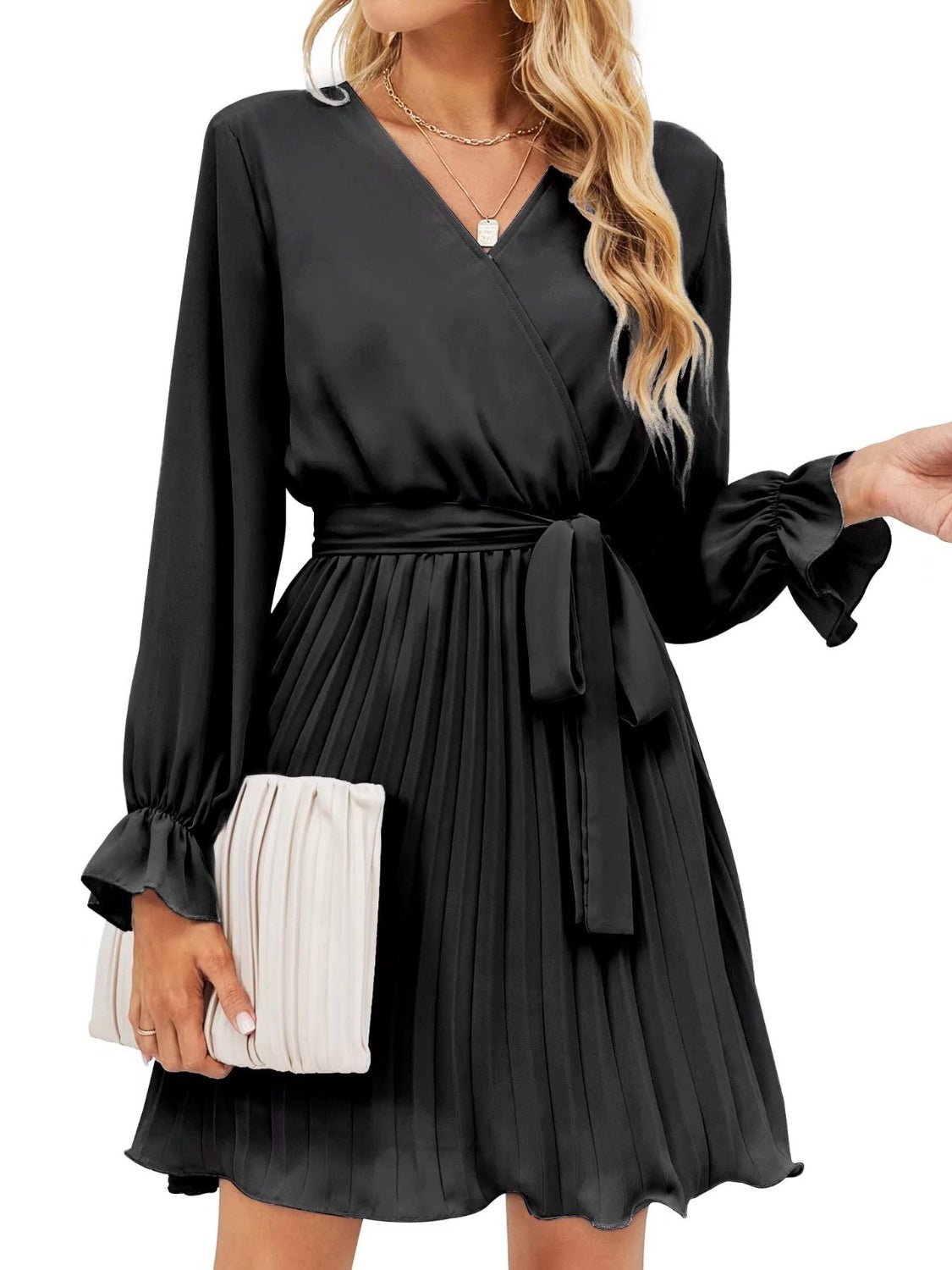 Surplice Flounce Sleeve Pleated Mini Dress | Sugarz Chique Boutique