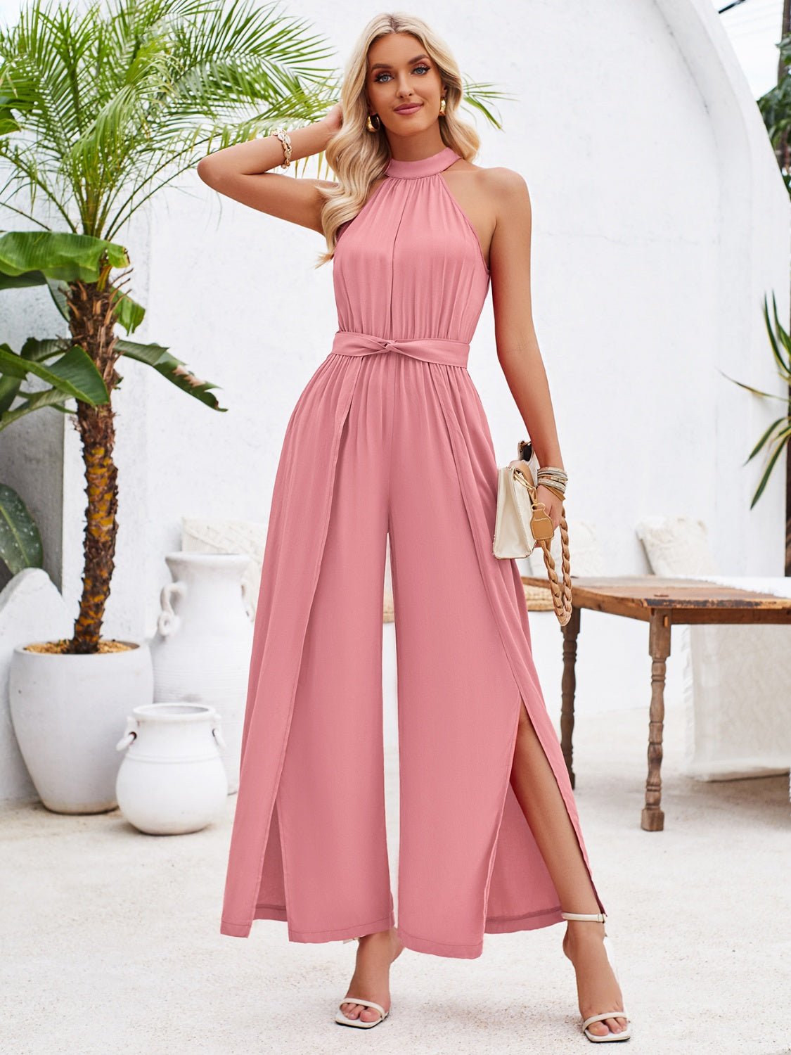 Ruched Slit Tied Sleeveless Jumpsuit | Sugarz Chique Boutique