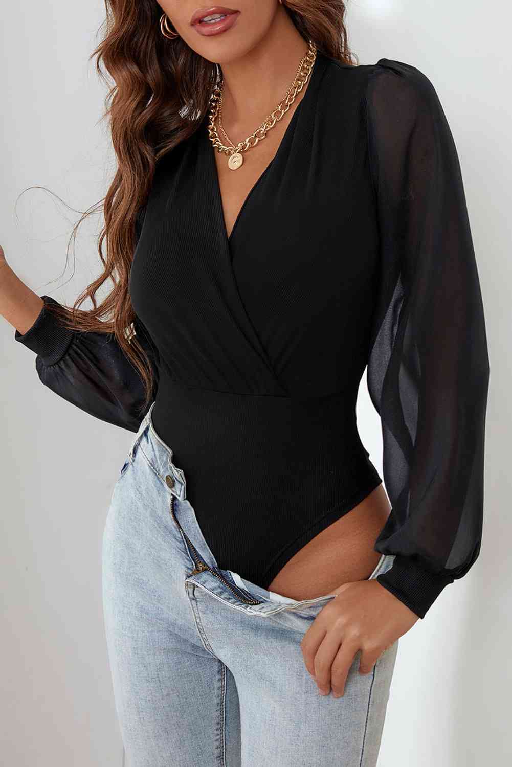 Surplice Mesh Long Sleeve Bodysuit | Sugarz Chique Boutique