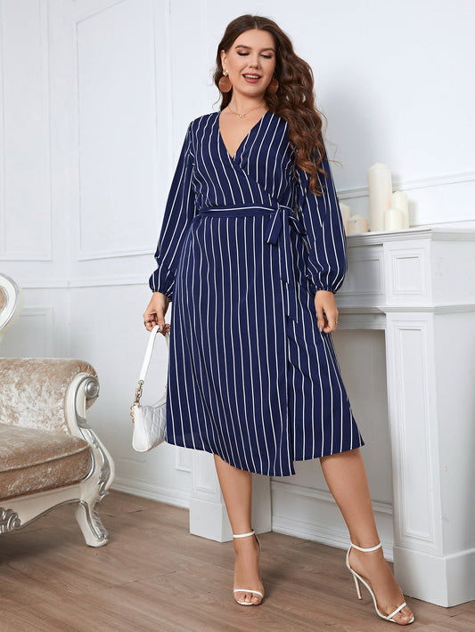 Melo Apparel Plus Size Striped Surplice Neck Long Sleeve Dress | Sugarz Chique Boutique