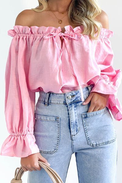 Drawstring Off-Shoulder Flounce Sleeve Blouse | Sugarz Chique Boutique