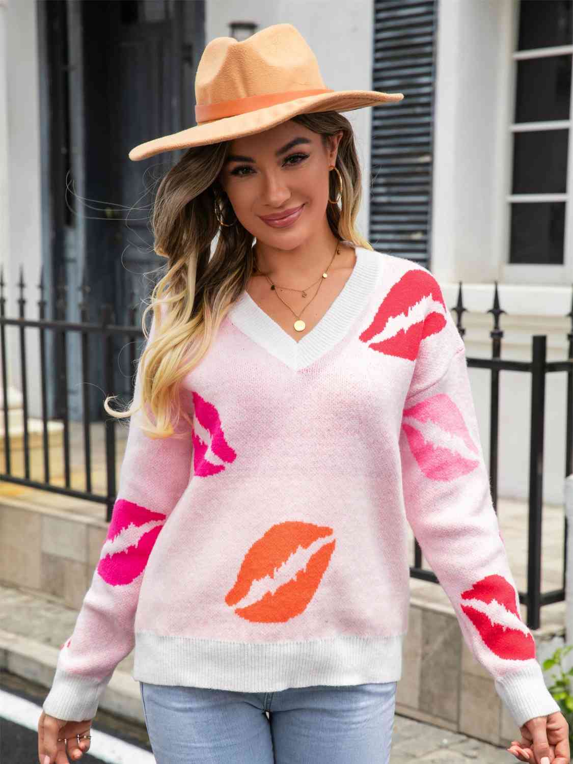 Lip V-Neck Drop Shoulder Sweater | Sugarz Chique Boutique