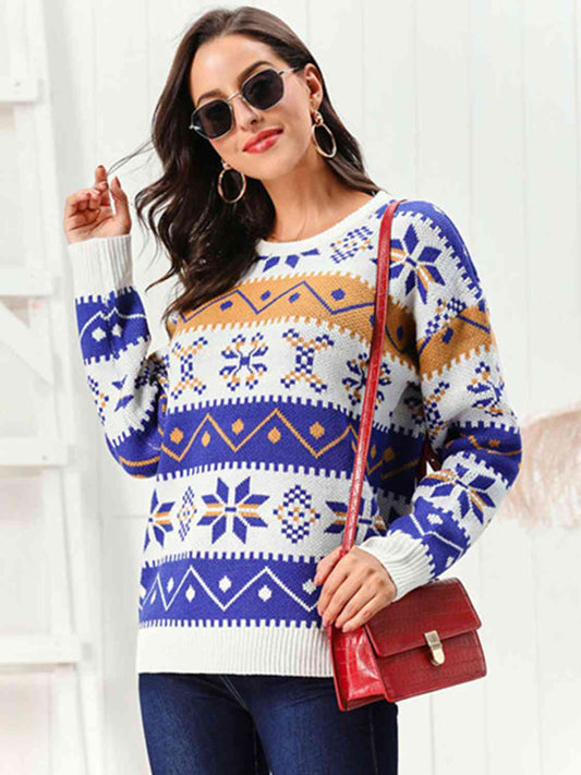 Snowflake Pattern Round Neck Sweater | Sugarz Chique Boutique