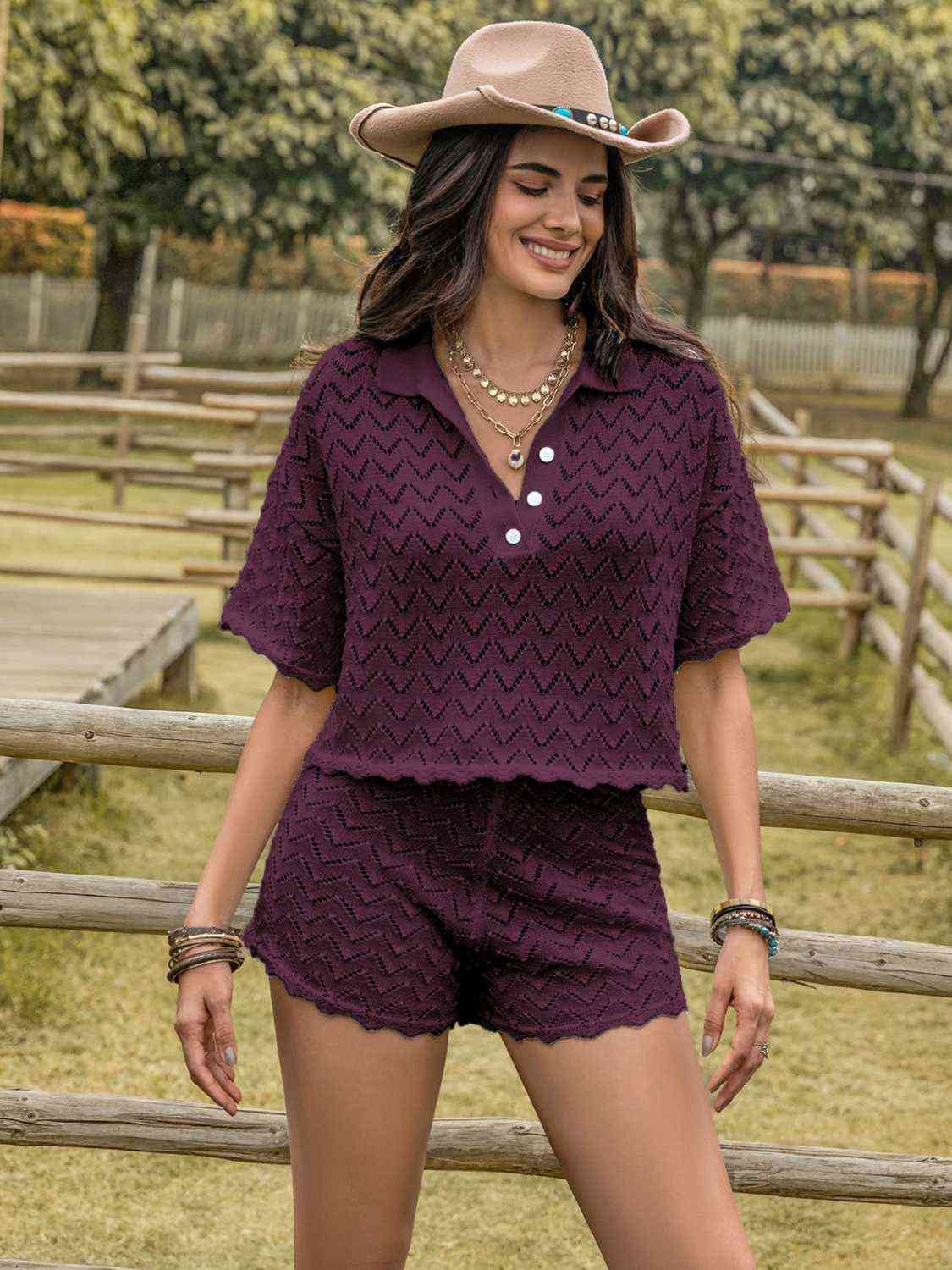 Eyelet Collared Neck Short Sleeve Top and Shorts Set | Sugarz Chique Boutique