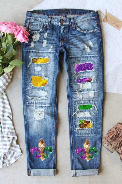 Mardi Gras Sequin Distressed Straight Jeans | Sugarz Chique Boutique