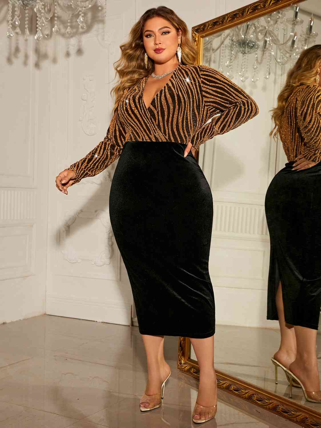 Plus Size Surplice Neck Long Sleeve Slit Dress | Sugarz Chique Boutique