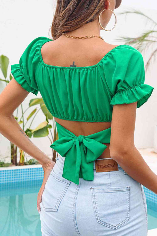 Ruched Square Neck Tie Back Cropped Top | Sugarz Chique Boutique