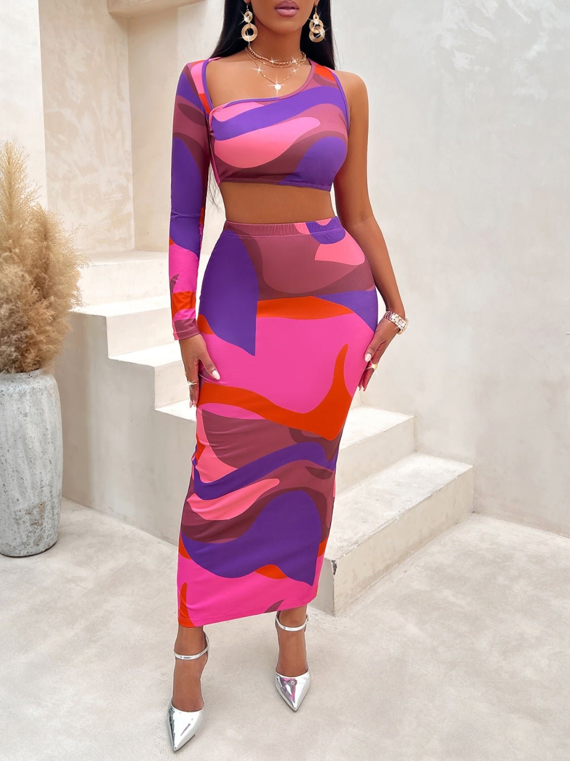 Asymmetrical Cropped Top and Slit Skirt Set | Sugarz Chique Boutique
