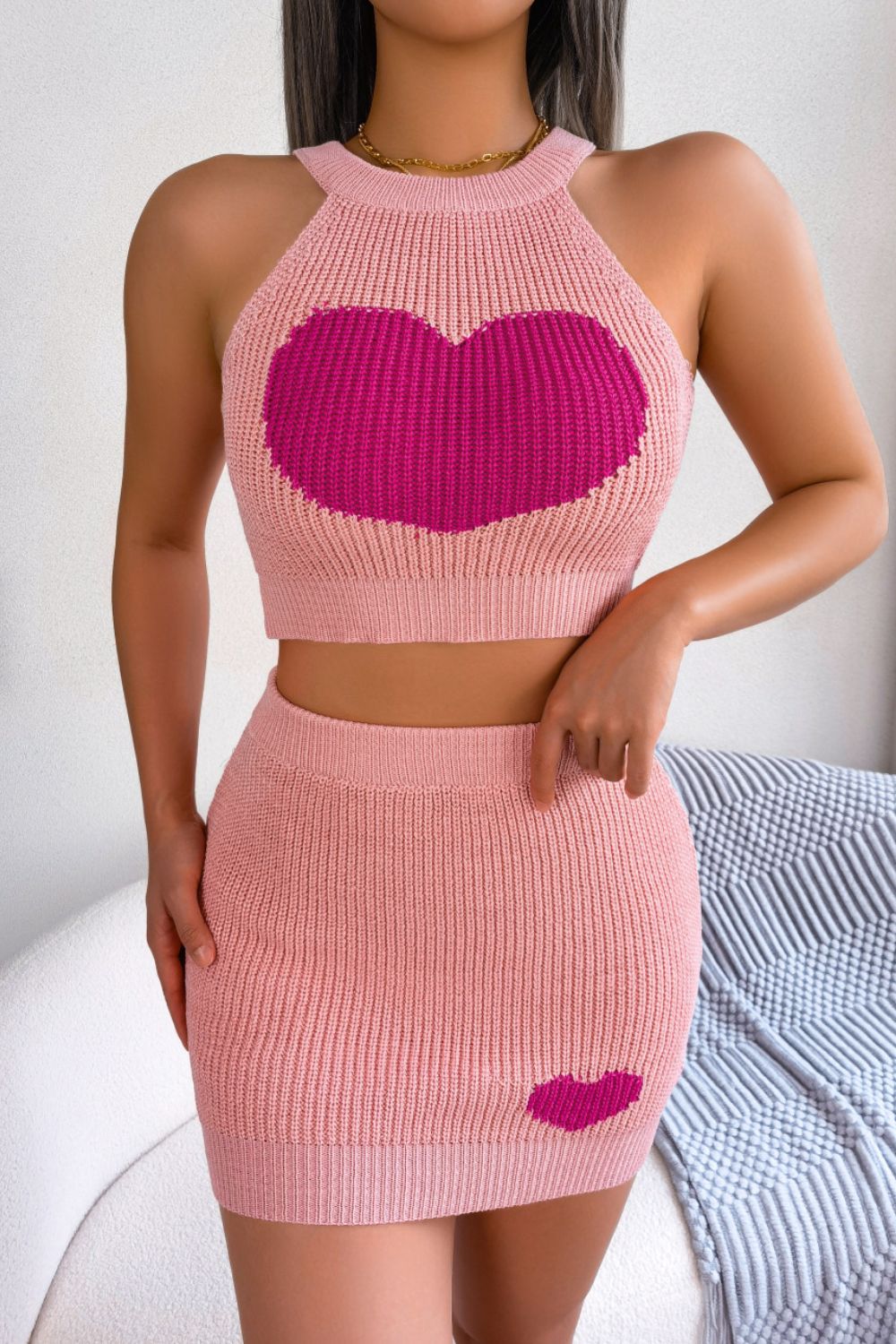 Heart Contrast Ribbed Sleeveless Knit Top and Skirt Set | Sugarz Chique Boutique