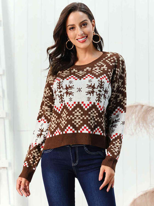 Snowflake Pattern Round Neck Sweater | Sugarz Chique Boutique