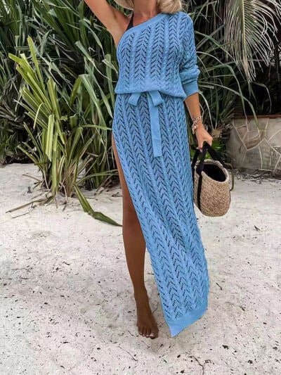 Slit Openwork Single Shoulder Knit Dress | Sugarz Chique Boutique