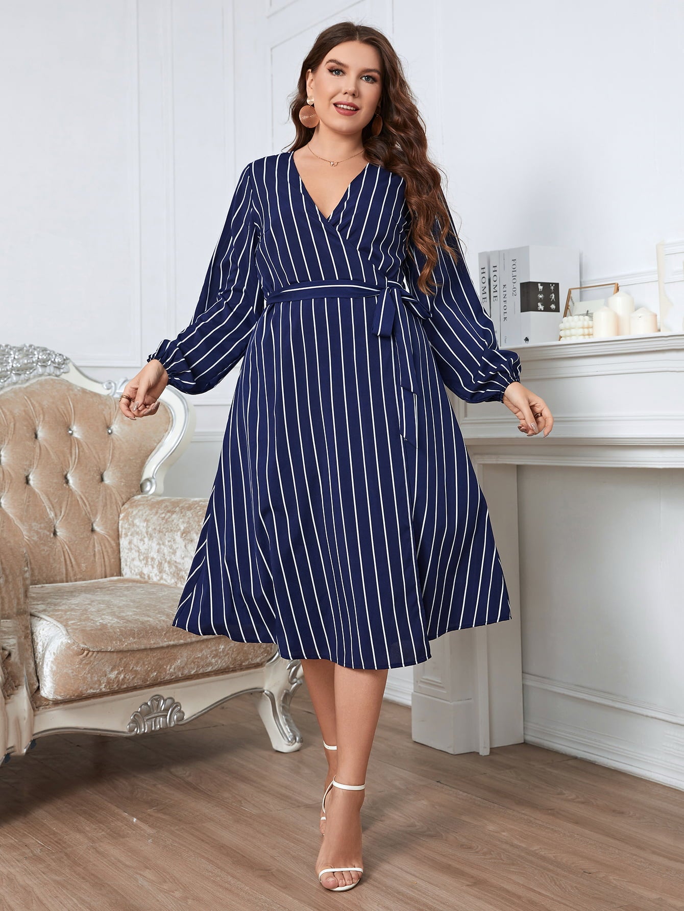 Melo Apparel Plus Size Striped Surplice Neck Long Sleeve Dress | Sugarz Chique Boutique