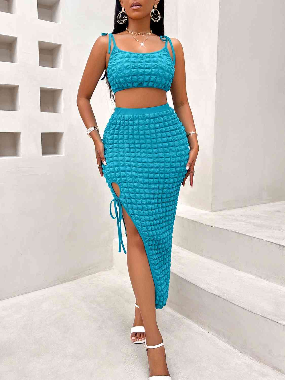 Cropped Cami and Tied Slit Skirt Set | Sugarz Chique Boutique